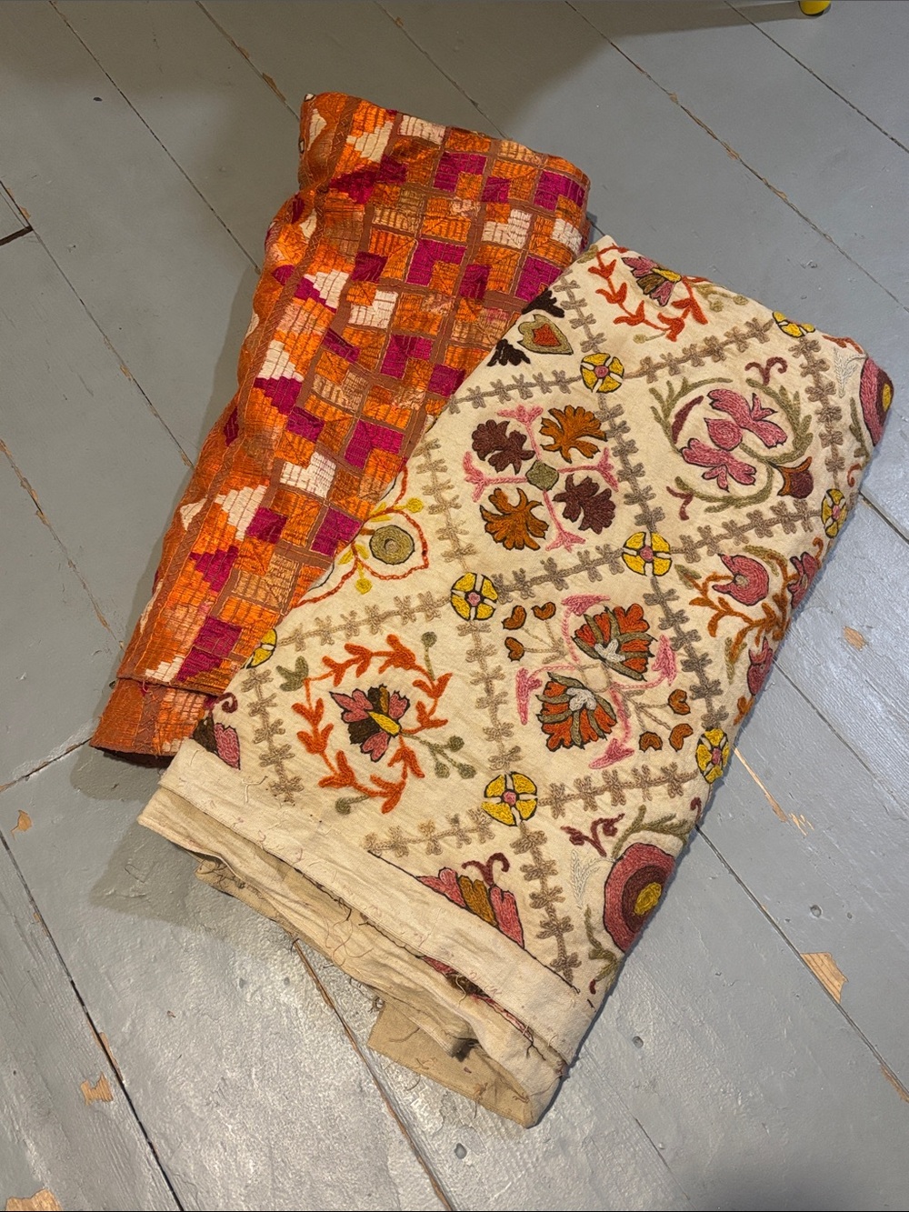 Bohemian Embroidered Cotton Fabrics - Orange & Cream